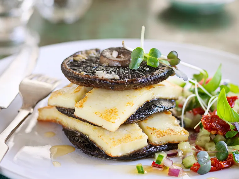 Baked field mushroom stack with haloumi and salsa