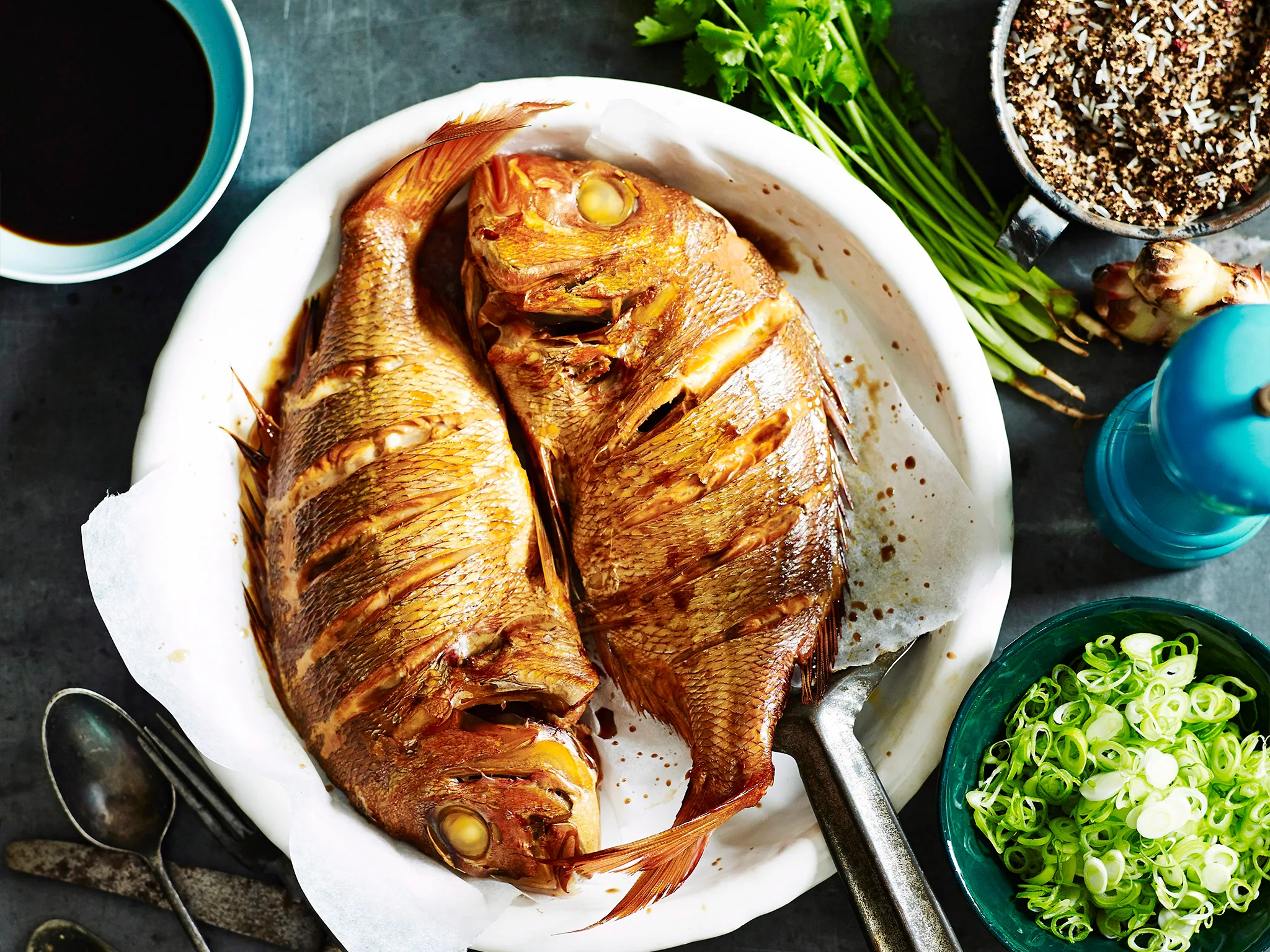 Whole baked snapper