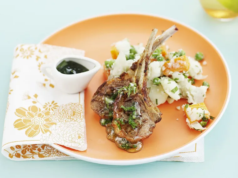 minty lamb cutlets with mixed vegie smash