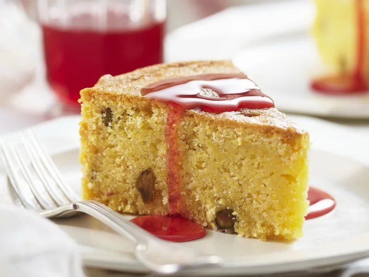 PISTACHIO AND POLENTA CAKE with Blood Orange Syrup