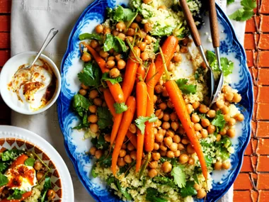 moroccan carrots with chickpeas and spinach couscous