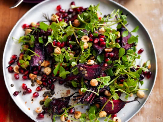 baby beetroot, green lentil, watercress and hazelnut salad