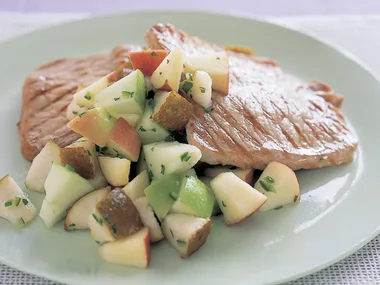 Butterflied pork steaks with pear and apple salsa