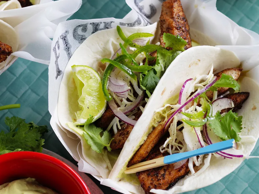 Spiced Fish Tacos with Slaw and Avocado Cream