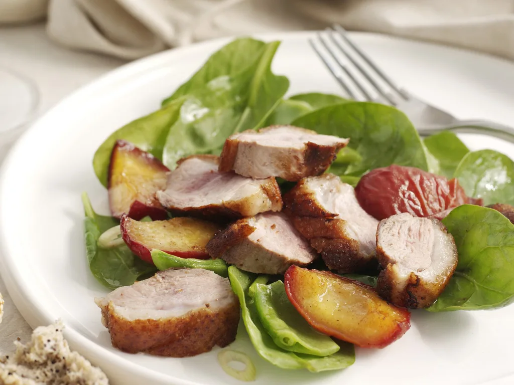 duck breasts with five-spice and honey peaches