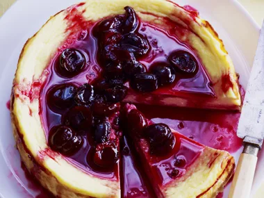 orange blossom baked ricotta with roasted cherries