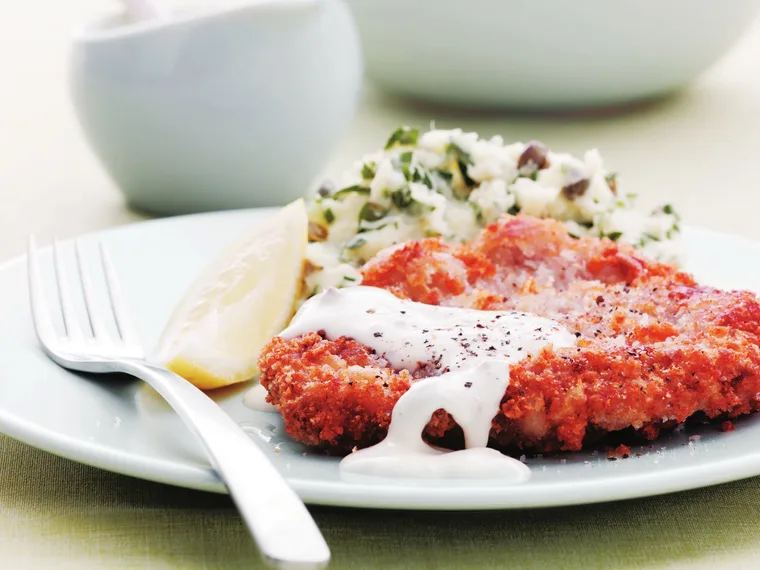 schnitzel with caper herb mash and anchovy mayonnaise