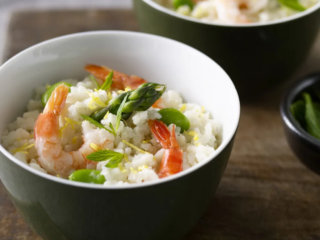 BAKED PRAWN, ASPARAGUS AND BROAD BEAN RISOTTO