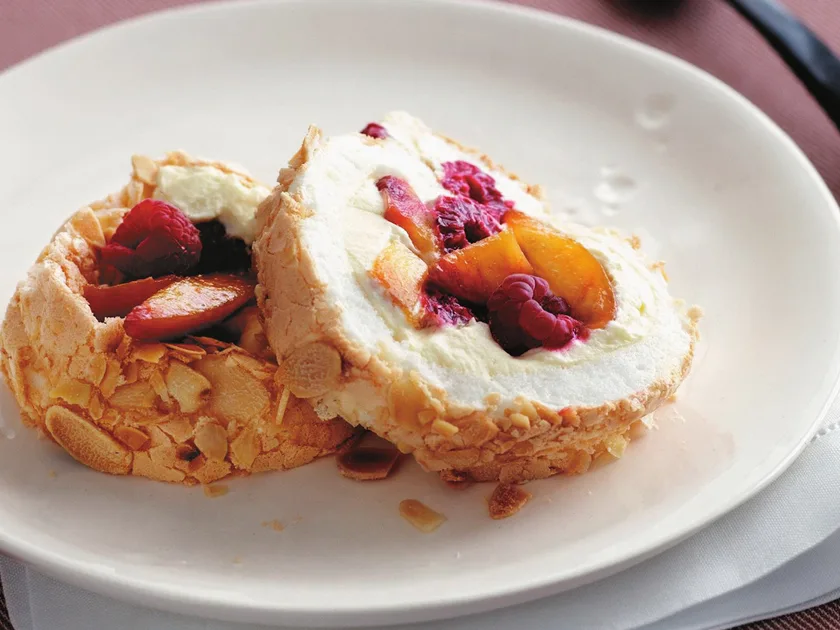 Peach and raspberry meringue roll | Women's Weekly Food