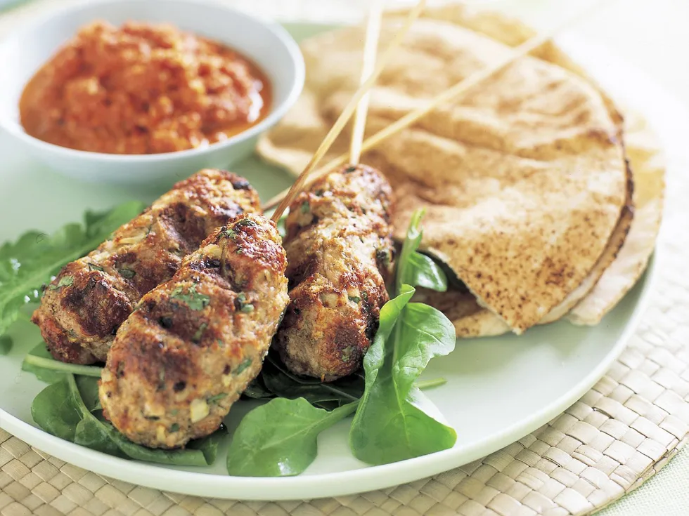 Chicken kofta with red capsicum and walnut sauce