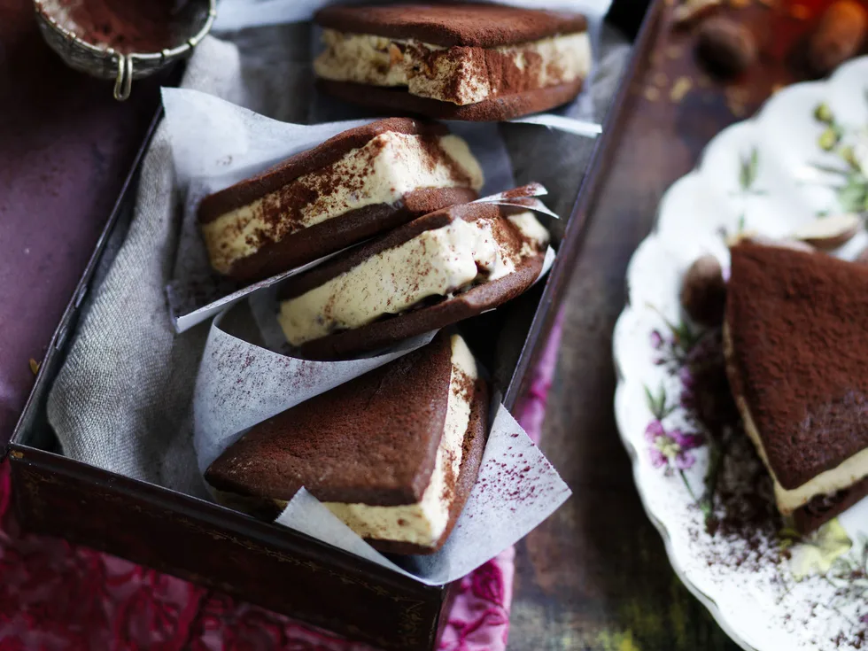 CHOCOLATE AND SMOKED ALMOND ICE-CREAM SANDWICHES