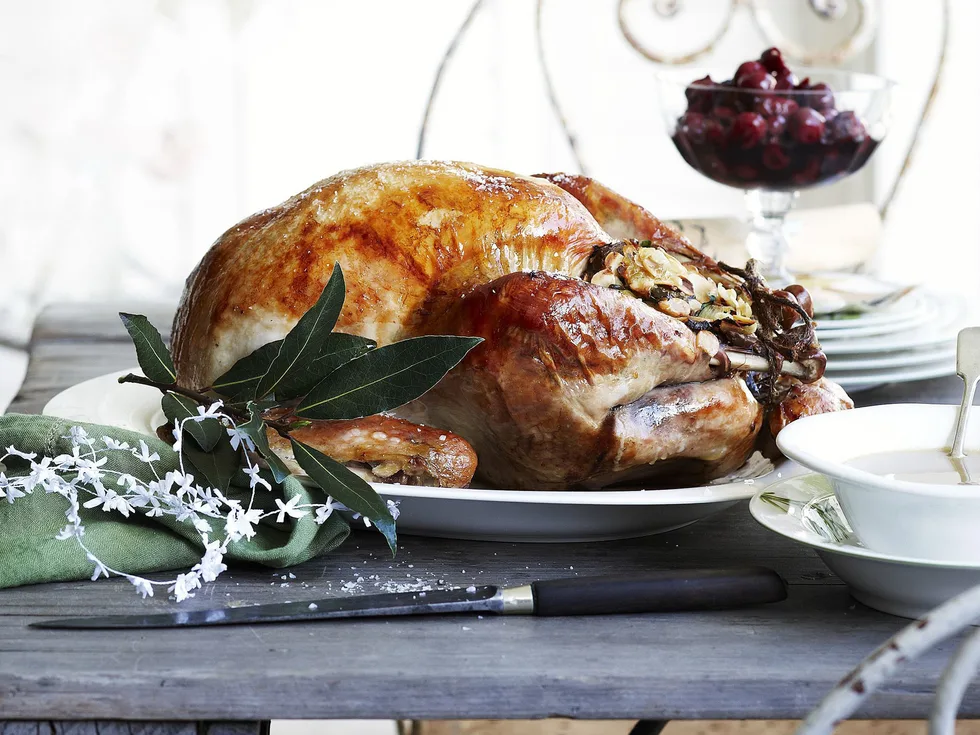 roast turkey with roast almond stuffing and spiced cherries