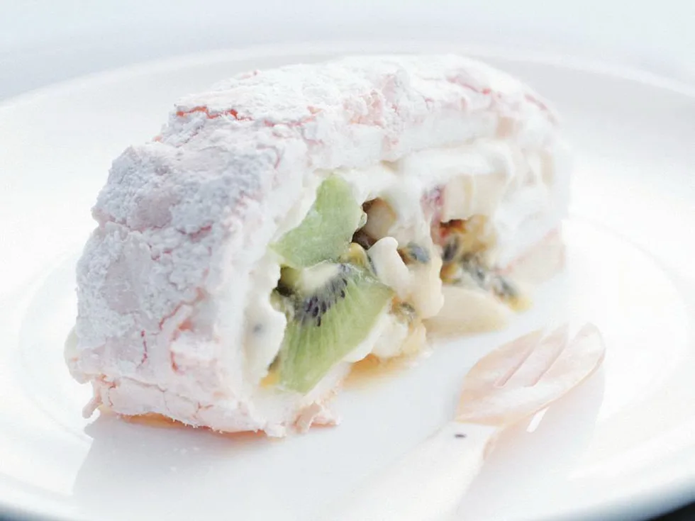 pavlova roll with banana, kiwi and passionfruit