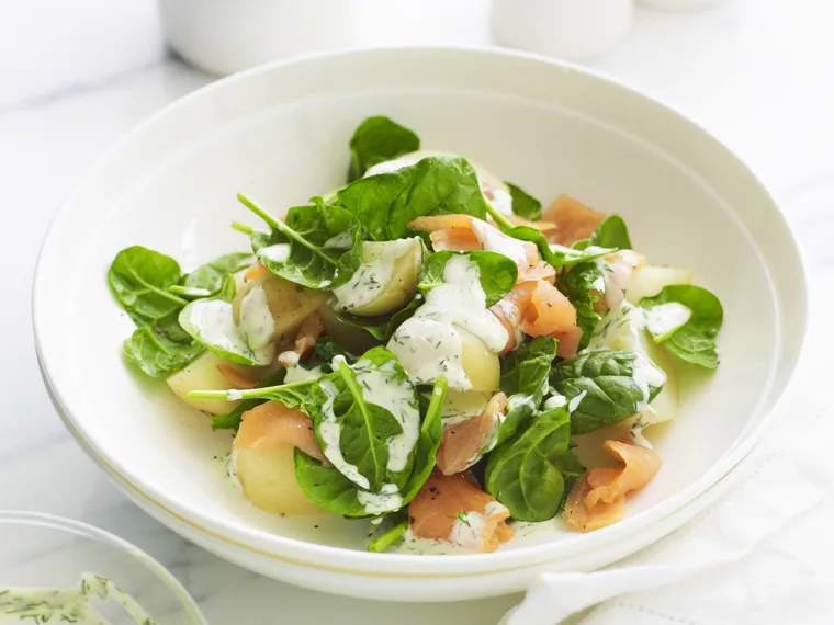 warm salad of smoked salmon, spinach and potato