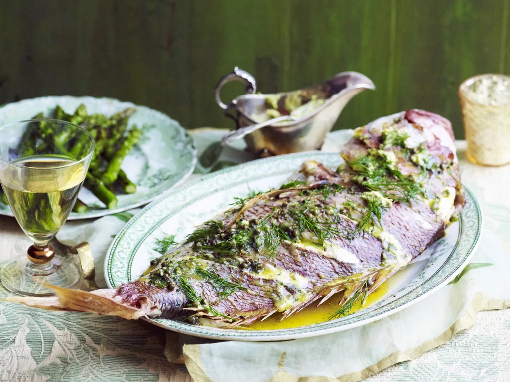 baked snapper with peppercorn and dill butter