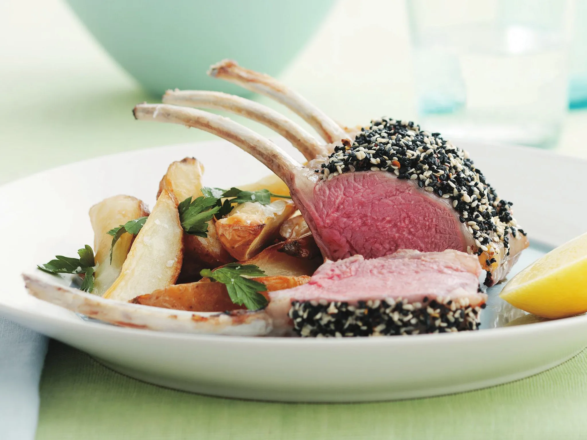 spice-crusted racks with potato wedges
