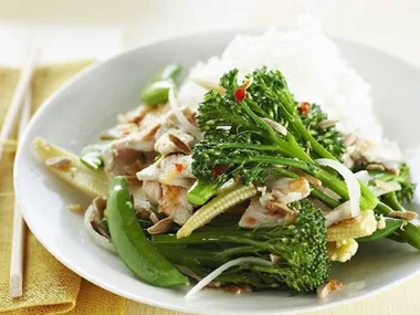 chicken, mixed vegies and almond stir-fry