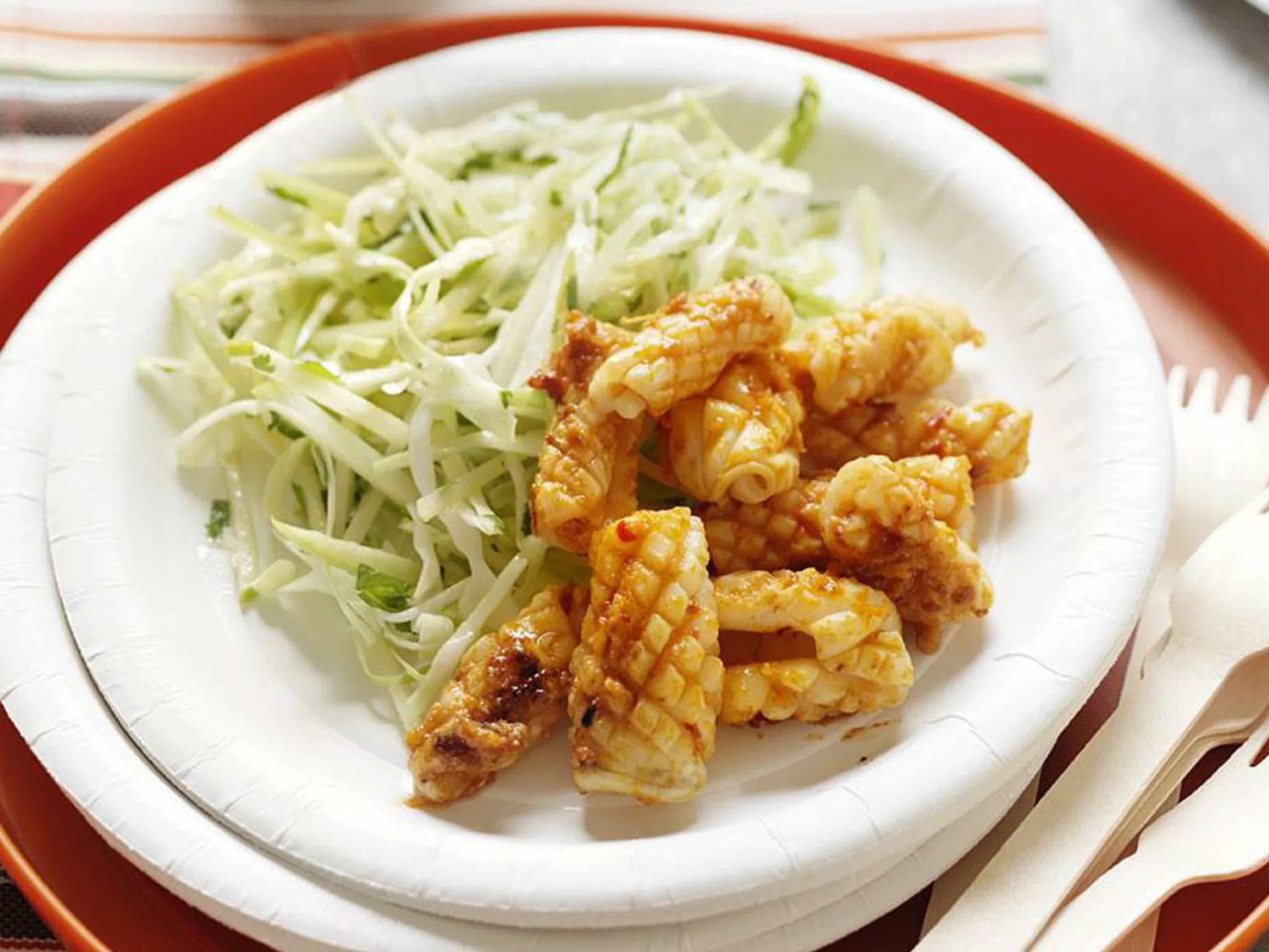 ginger squid with apple & celery coleslaw