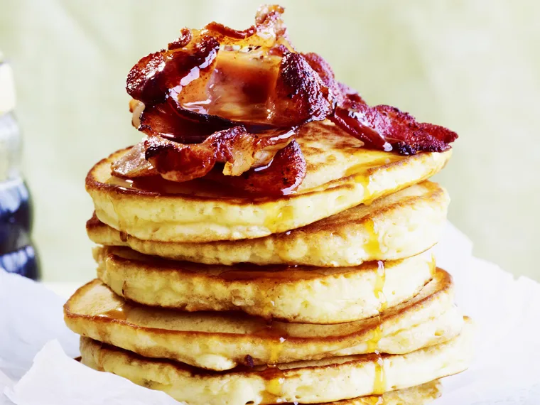 american-style flapjacks with bacon and maple syrup