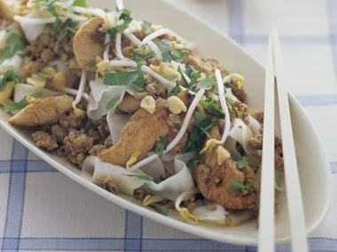 Chicken, pork and rice noodle stir-fry