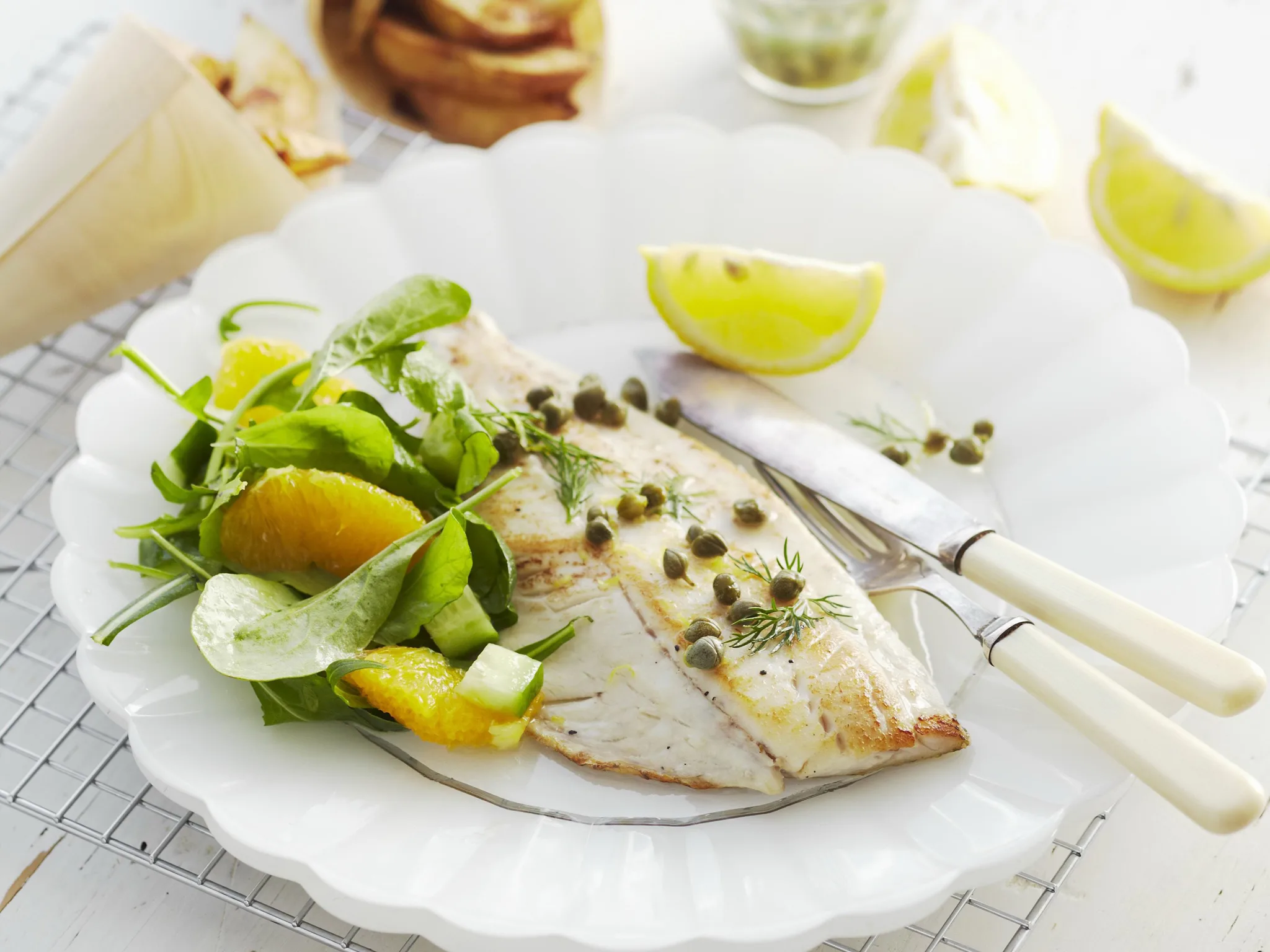 FISH & ROASTED CHIPS WITH CITRUS SALAD