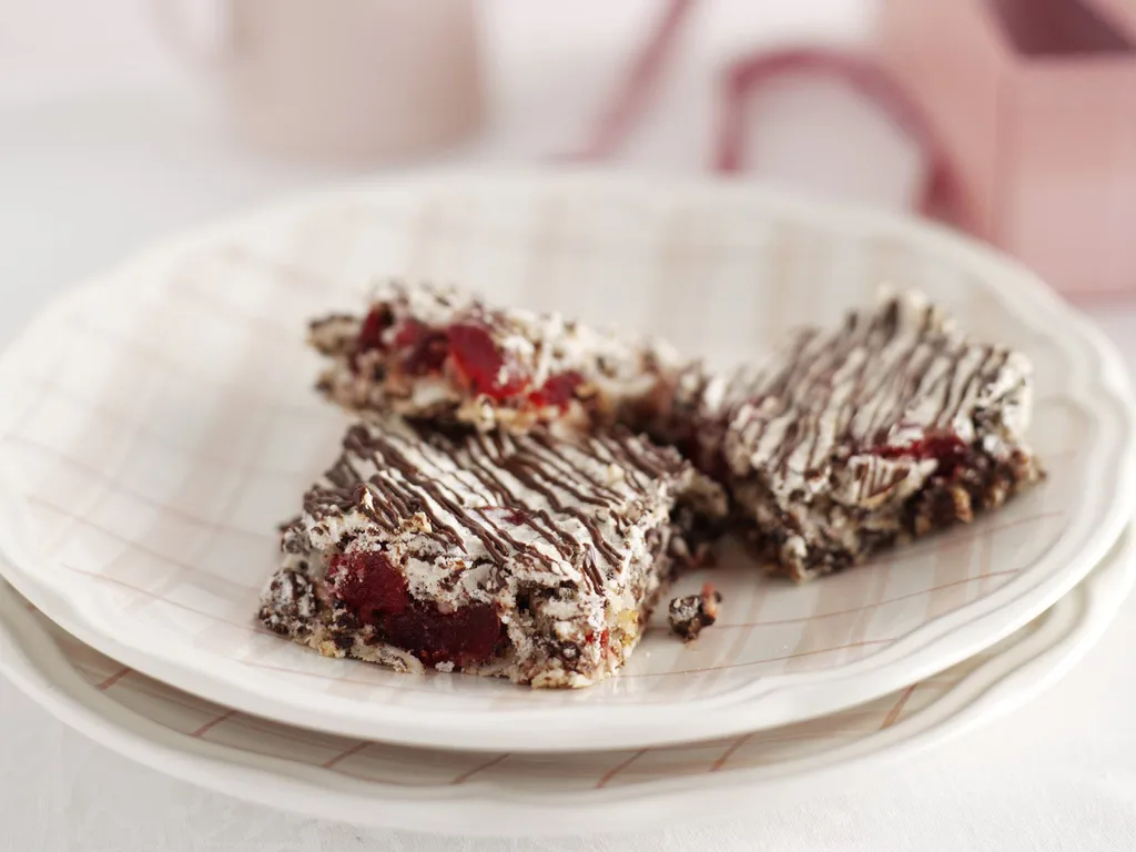 Choc-cherry macaroon slice