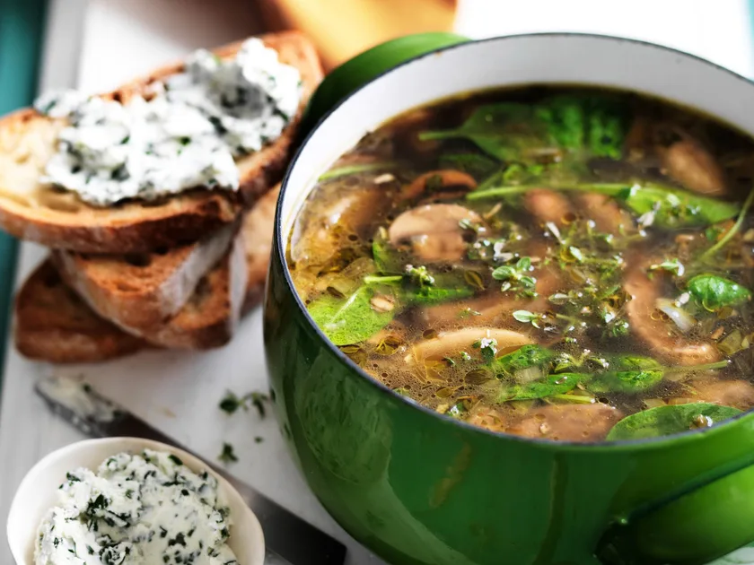 Mushroom Soup with Herbed Cheese Croûtes