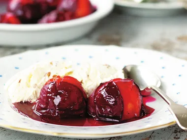 BAKED PLUMS WITH FROZEN ALMOND CREAM