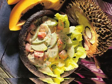 fruit salad with savoury coconut dressing