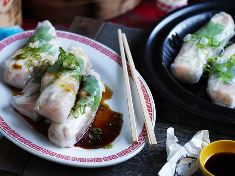 SALMON AND ENOKI MUSHROOM steamed rice paper parcels