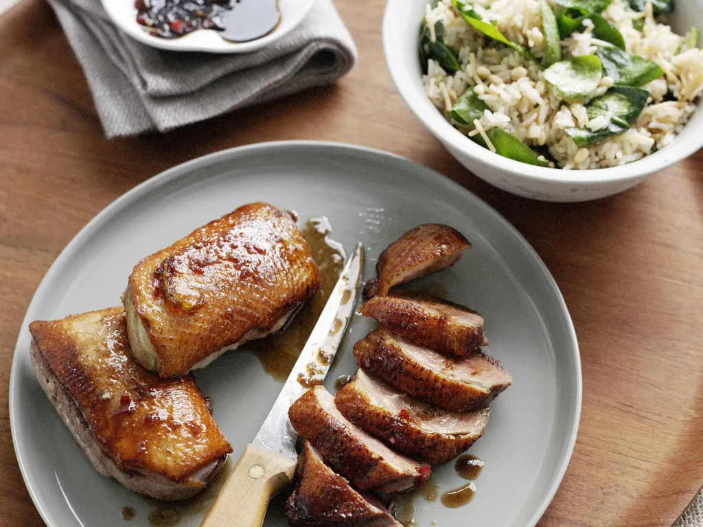 caramelised crispy duck with spinach pilaf