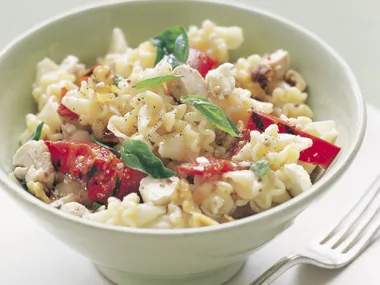 Chicken pasta salad with roasted capsicum, fetta and walnut