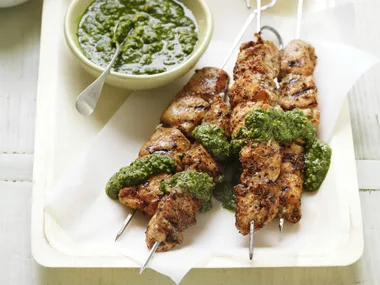 chilli coriander chicken kebabs with pesto