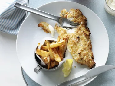 almond-crumbed snapper and chips with lemony aïoli