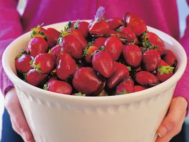 Strawberries dipped in lavender honey toffee