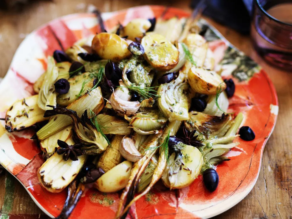 roasted baby parsnips, fennel and potatoes