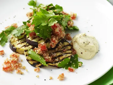 eggplant & tabbouleh stacks with chickpea puree