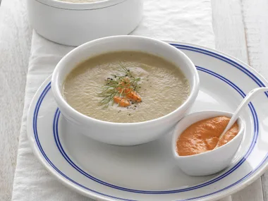 CREAM OF ROASTED FENNEL SOUP WITH CAPSICUM AÏOLI