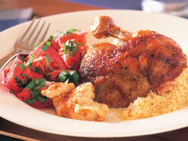 BARBECUED CHICKEN WITH COUSCOUS, HUMMUS AND TOMATO SALAD