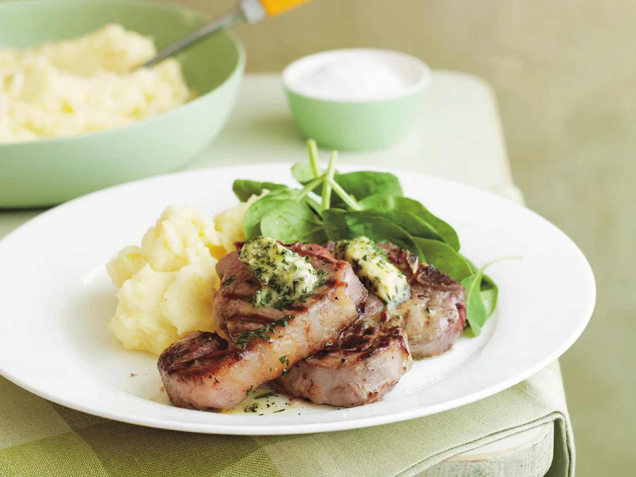 barbecued loin chops with creamy mash and flavoured butter