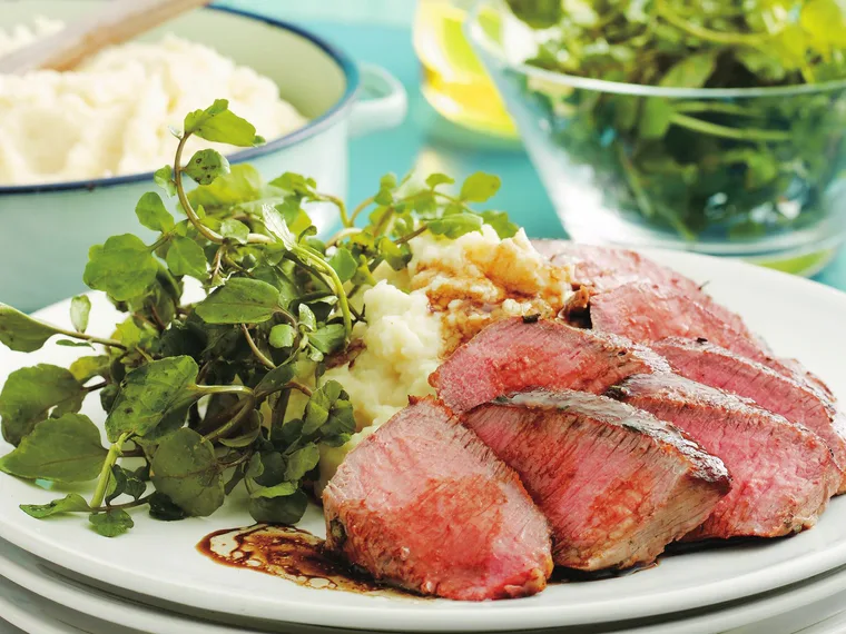 backstrap with celeriac mash and watercress