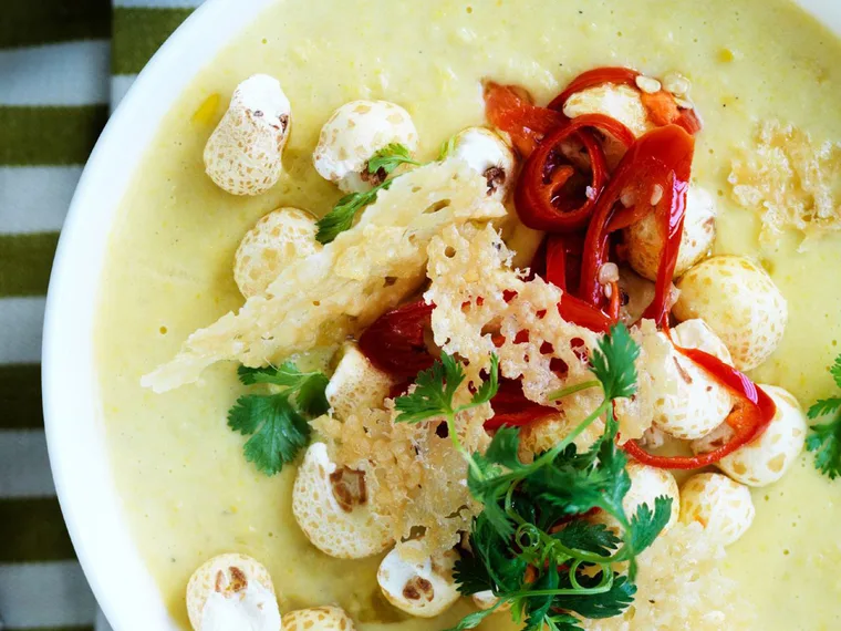 CORN SOUP WITH PARMESAN CRISPS & CHILLI