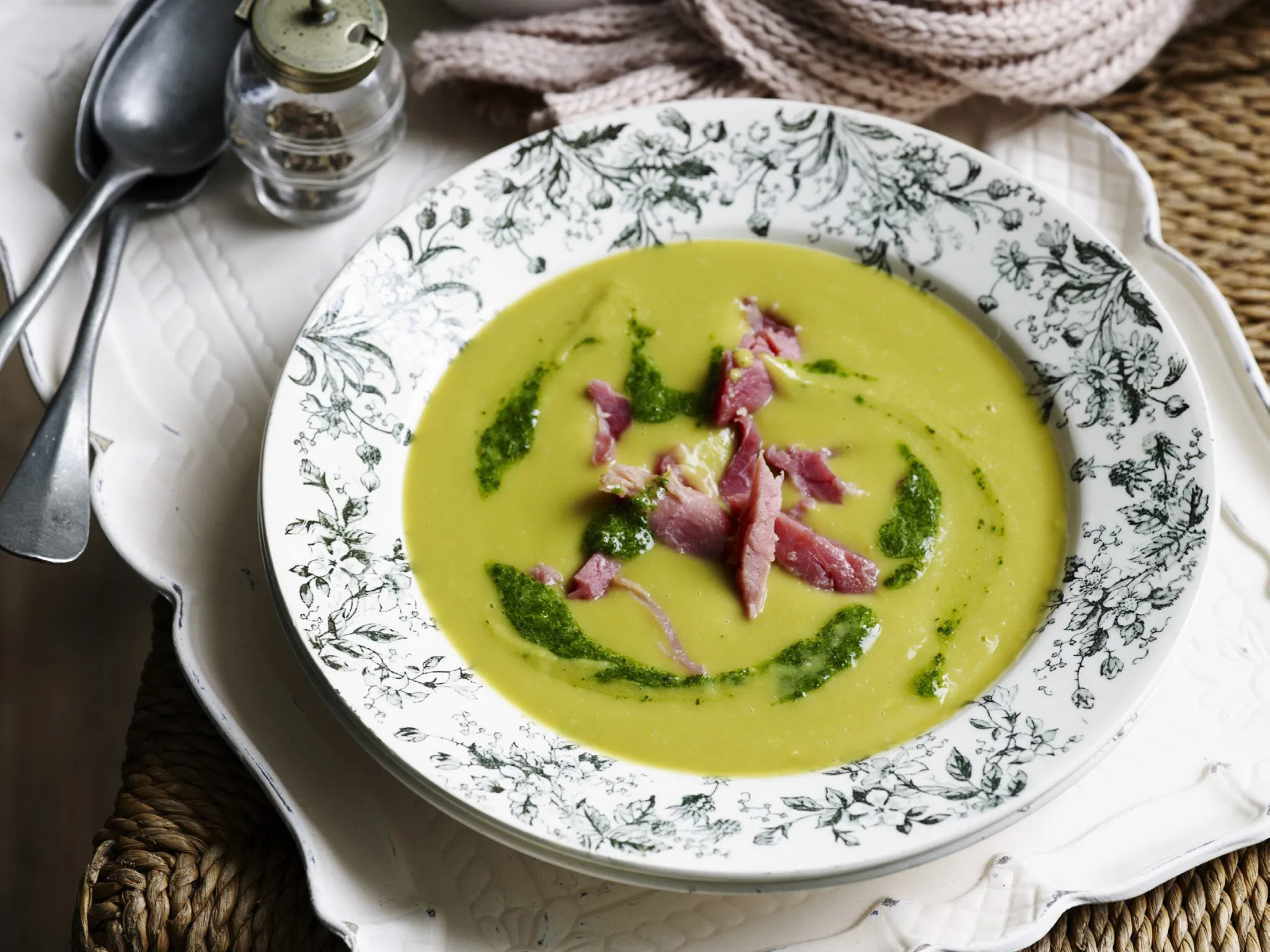 pea, ham and broad bean soup