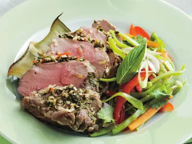 lamb wrapped in banana leaf with thai salad