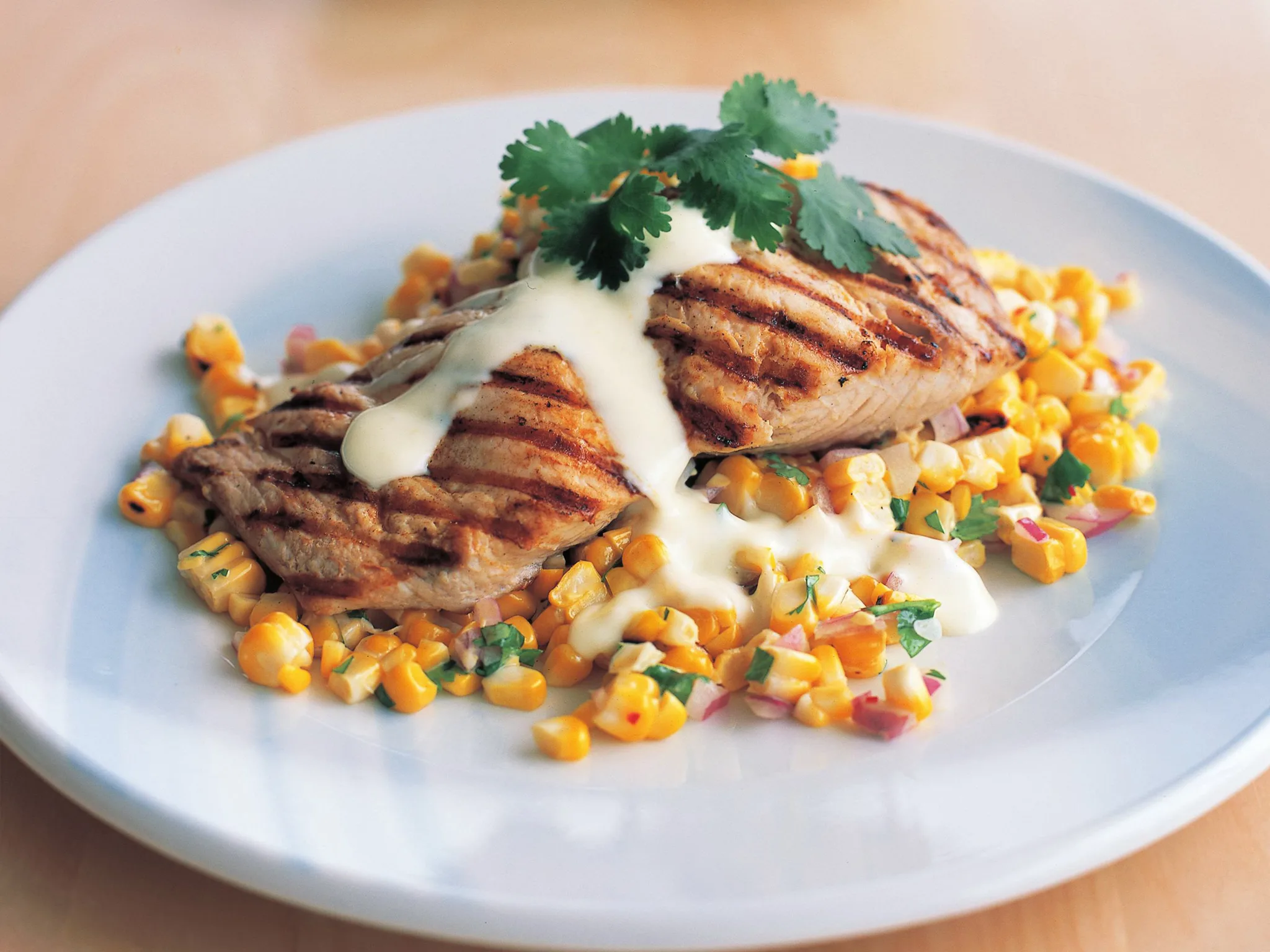 grilled mahi mahi with roasted corn and chilli salad