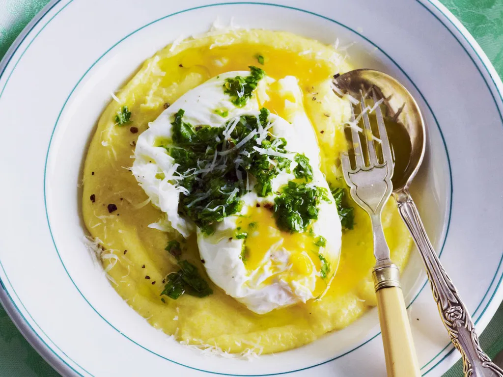 poached eggs with truffle polenta and salsa verde