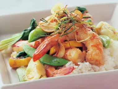 Prawn tamarind stir-fry with buk choy