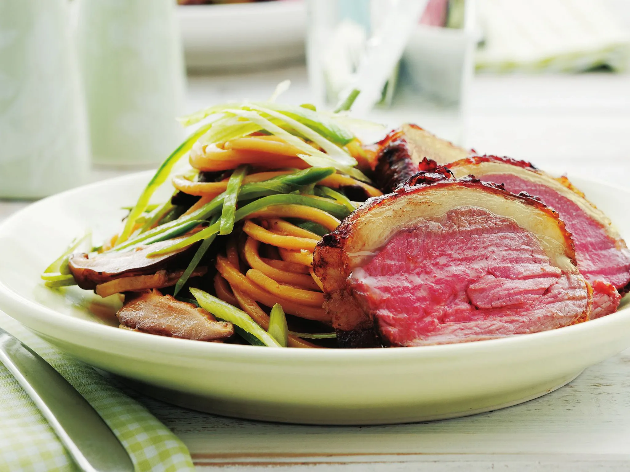 chilli and honey-glazed loin with mee goreng