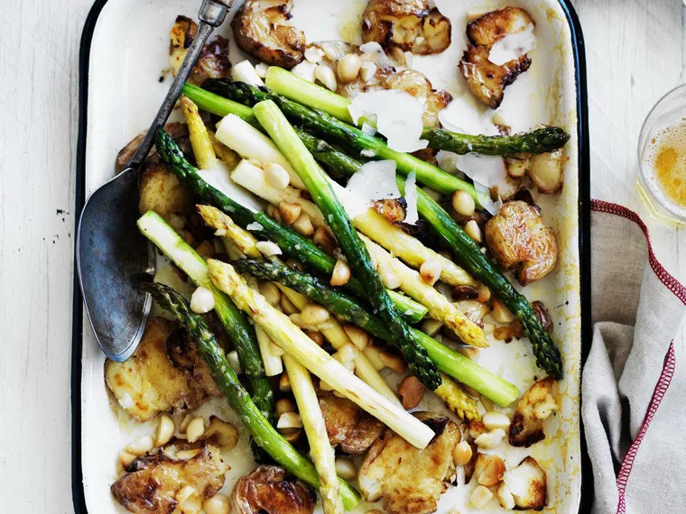 roasted asparagus and smashed potatoes