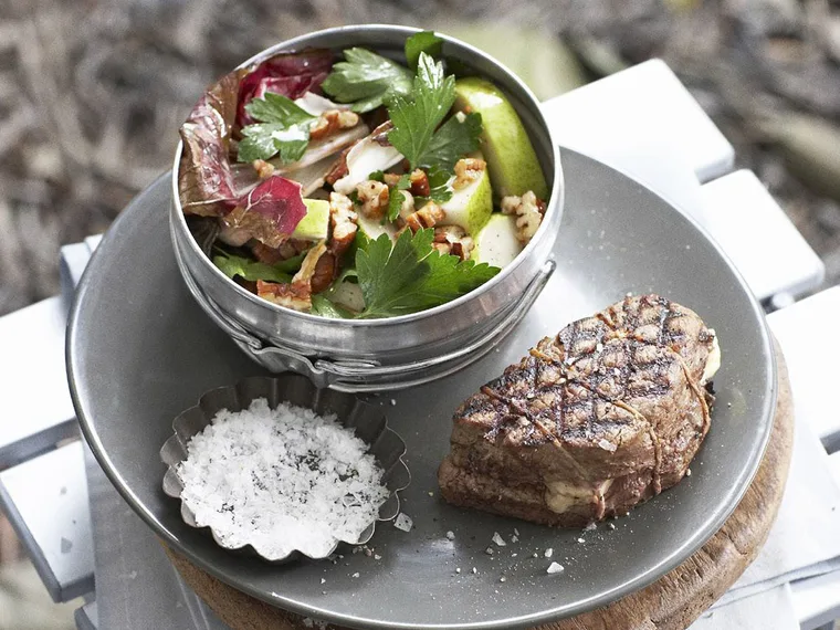 cheese-stuffed beef steaks with radicchio salad